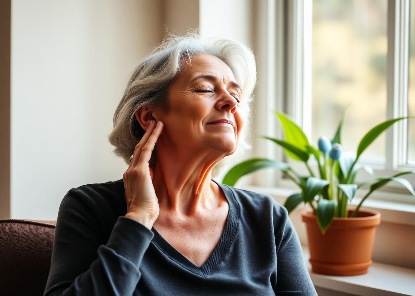 Woman practicing EFT tapping with a calm expression